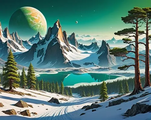 ice planet,terraformed,fantasy landscape,landscape background,mountainous landscape,salt meadow landscape,mountain landscape,futuristic landscape,alien planet,coniferous forest,cartoon video game background,mountain scene,earth rise,snowy mountains,alpine landscape,spruce forest,lunar landscape,gliese,snowy peaks,offworld,Conceptual Art,Sci-Fi,Sci-Fi 20