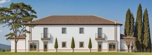 VILLA  MOLTO ELEGANTE DI COLORE BIANCO CON CORNICI E BASAMENTO IN PIETRA COLORE GRIGIO. INSERISCI BOSCO DI CIPESSI  SULLO SFONDO E CESPUGLI DI BOSSO IN PRIMO PIANO
,villa balbiano,palladio,villa balbi