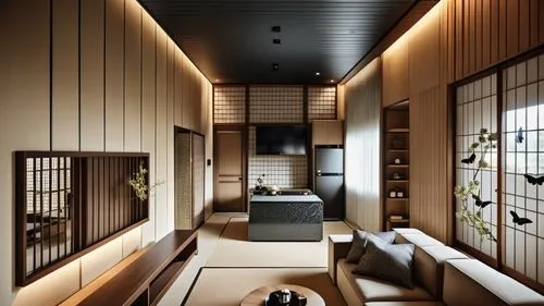 This design shows the living room and kitchenette in the spring Japanese style and Puli cultural spa suite. It is mainly based on ebony and milk tea tones, creating an elegant, deep and peaceful atmos