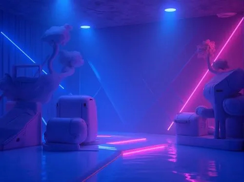 gymnastics room,3d render,neon ghosts,nightclub,ufo interior,blue room,fluorescents,neon arrows,scene lighting,3d fantasy,vapor,3d background,neon light,neon coffee,spaceland,neon cocktails,colored lights,neon lights,neon drinks,dance club,Photography,General,Realistic