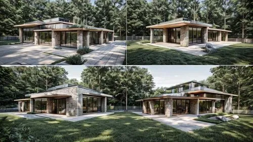 Modern single-story house from 4 angles in the same style with a combination of red and beige brick facades. It has a sloping roof with projections, large front windows and stone steps leading to the 