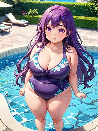 1108  a young chubby woman in a swimsuit, big boobed, wide hips, long purple hair, near a pool,a fat purple haired woman posing near a pool,murasaki,camilla,nozomi,keijo,ursula,bayumi,Anime,Anime,Trad