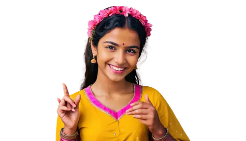 Holi festival, Indian girl, colorful attire, bright smile, vibrant pink and yellow clothes, intricate henna on hands, glittering bindi, flower garland, solo, close-up, soft focus, warm lighting, shall