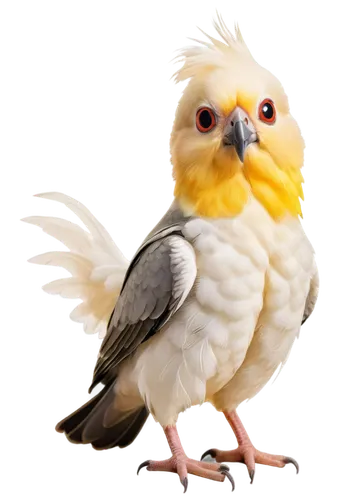 Cartoon cockatiel, white feathers, yellow crest, orange cheek patches, big round eyes, cute beak, sitting on perch, colorful wings, fluffy tail, playful pose, soft focus, vibrant colors, whimsical com