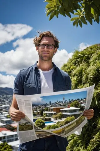 Modern architectural designer, male, 30s, bespectacled, short brown hair, casual attire, New Zealand native, standing, holding blueprints, in front of a modern villa, Wellington cityscape, sunny day, 