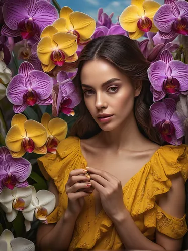 crie uma imagem, de uma mulher,  cultivando orquideas gigantes azuis, brancas amarelas  lilas e rosas, e  com cores vibrantes, e vivas,girl in flowers,beautiful girl with flowers,floral background,flo