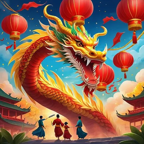 barongsai,golden dragon,epoxi,dragon boat,dragon fire,shenlong,Illustration,Realistic Fantasy,Realistic Fantasy 01