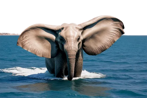 Elephant whale, giant sea creature, hybrid animal, elephant head, whale body, gray skin, wrinkled texture, large ears, tusks, blowhole on back, ocean water splashing, morning sunlight, soft focus, sha