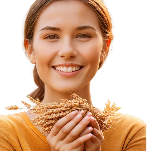 Golden autumn leaves, warm sunlight, grateful hands holding wheat, soft focus, shallow depth of field, warm color tone, cinematic lighting, 3/4 composition, gentle smile, peaceful expression, simple b