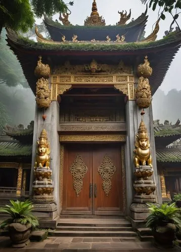 Ancient Ingui temple, intricate stone carvings, golden ornaments, vibrant murals depicting mythological creatures, grand entrance with massive wooden doors, ornate lanterns hanging from the ceiling, l