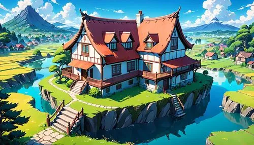 butka,alpine village,mountain settlement,sylvania,little house,escher village,knight village,house in mountains,mountain village,township,house in the mountains,home landscape,lowpoly,small house,aurora village,maplecroft,dreamhouse,summer cottage,witch's house,house with lake,Anime,Anime,Traditional