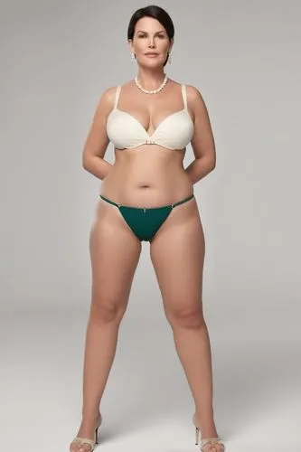 a full-figured woman with smooth and pale skin. she has very large and sagging breasts. she has thick thighs. she has pot belly. she has big ass. she's wearing a Brazilian cut g-string bikini. she is 