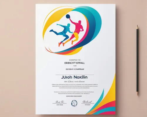 Craft a vibrant and celebratory certificate template for a sports competition.,handball player,women's handball,dribbble,wedding invitation,ball (rhythmic gymnastics),certification,javelin throw,physi