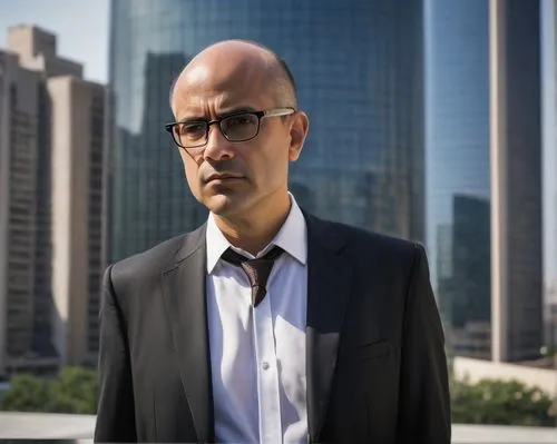 Middle-aged man, architecture critic, Saffron, standing, hands behind back, black suit, white shirt, tie, glasses, balding hair, serious facial expression, urban cityscape background, modern skyscrape