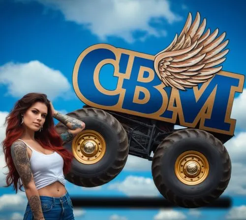 a logo with wings, on monster truck wheels. a beautiful tattooed woman. create a background in the image, a blue sky with few clouds. maintain the characteristics of the figures in the image,cbt,cbm,v