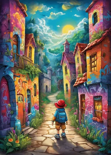 children's background,magical adventure,aurora village,mario,3d fantasy,world digital painting,pinocchio,knight village,studio ghibli,wander,fantasy world,cartoon video game background,dream world,adventurer,fantasy picture,traveler,game art,game illustration,cg artwork,adventure game,Conceptual Art,Graffiti Art,Graffiti Art 09