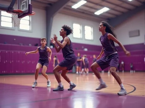 Plum-colored gymnasium, indoor sports arena, bright artificial lighting, rows of wooden bleachers, basketball court, plum accent walls, vibrant plum lockers, plum-trimmed athletic uniforms, energetic 