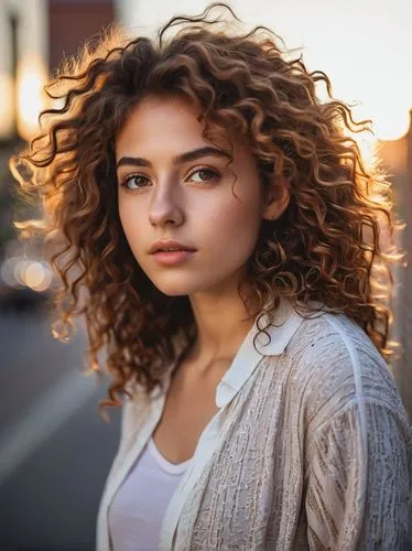 professional photography, sunkissed brunette with auburn highlights, pointed face, natural light, sunlight close-up, three-quarter face, light photo, light background, pose, bokeh city lights in the b