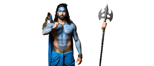 Mahadev, god, powerful, muscular, blue skin, long hair, beard, crown on head, detailed facial features, intense gaze, ornate jewelry, intricate tattoos, dhoti, sacred thread, holding trident, standing