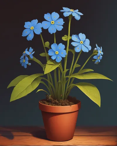 Create a mysterious story involving a cursed myosotis plant that brings misfortune to anyone who possesses it.,flower painting,potted flowers,flowers png,blue daisies,blue flowers,blue flower,forget-m