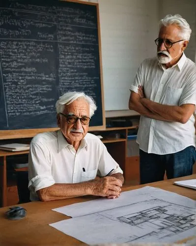 Frank Gehry, standing, lecturing, white shirt, black glasses, silver hair, beard, casual jeans, brown leather belt, black shoes, chalk in hand, writing on a blueprints, modern architecture model, wood