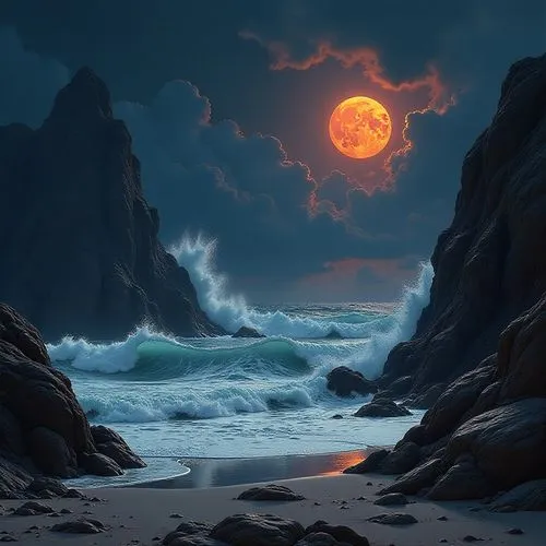 dark beach,moonrise,moonlit night,moonscape,fantasy picture,moonlit,Illustration,Retro,Retro 01