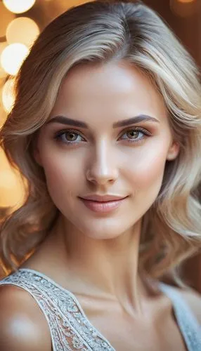 Elegant woman headshot, high key lighting, smooth skin, perfect hair, soft smile, bokeh background, portrait photography,a beautiful blond haired woman posing for a po,anastasiadis,procollagen,lopilat