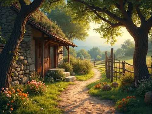 home landscape,countryside,rural landscape,summer cottage,cottage,pathway,country cottage,landscape background,spring morning,wooden path,meadow landscape,forest path,nature landscape,idyllic,fantasy landscape,the threshold of the house,springtime background,landscape nature,little house,cottage garden,Photography,General,Realistic