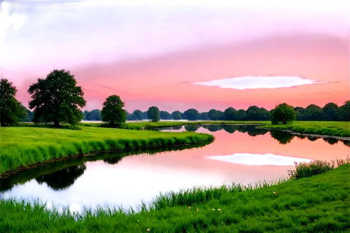 Peaceful images, calm atmosphere, serene landscape, sunset scene, warm orange light, fluffy white clouds, gentle breeze, green grass, blooming flowers, quiet pond, rippling water, 3/4 composition, sof