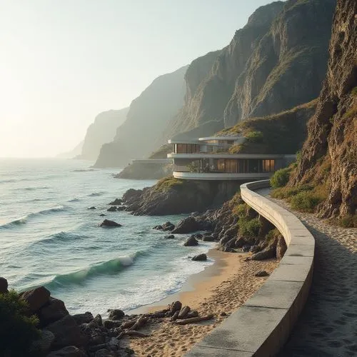 Curved coastal promenade, rugged sea cliffs, crashing ocean waves, sandy beach shores, weathered driftwood, rustic nautical ropes, innovative formwork systems, cantilevered concrete structures, parame