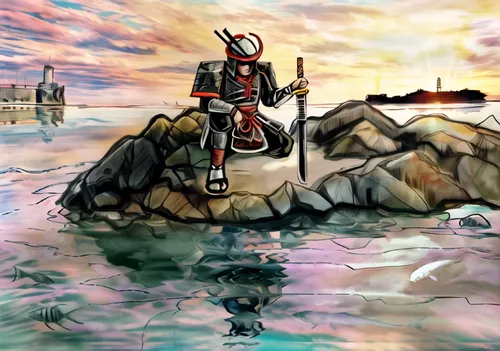 exploration of the sea,rock fishing,sea god,fisherman,adventurer,lone warrior,dusk background,god of the sea,dead pool,imperial shores,coral guardian,sea landscape,the endless sea,art background,fishi