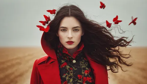 Frederique Bellec - walking Red,red butterfly,red coat,red riding hood,red cape,little red riding hood,shades of red,red background,red petals,on a red background,red fly,passion butterfly,vintage wom