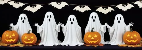 four white jack o lanterns next to a number of pumpkins,halloween ghosts,halloween background,halloween vector character,halloween wallpaper,halloween banner,halloween icons