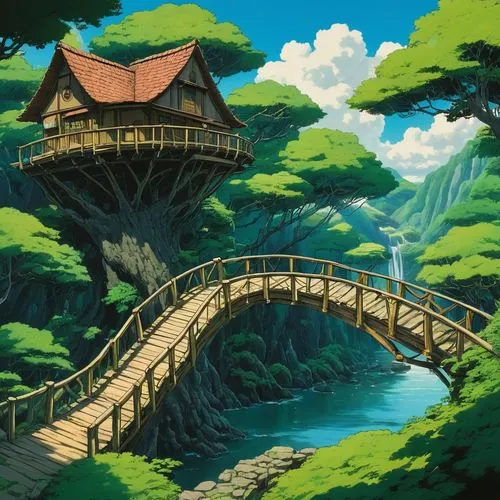 studio ghibli,wooden bridge,dragon bridge,scenic bridge,cartoon video game background,treehouse,tsukemono,bird kingdom,hangman's bridge,bridge,popeye village,landscape background,tree house,torii,high landscape,lagoon,an island far away landscape,japan landscape,devilwood,scenery,Illustration,Japanese style,Japanese Style 14