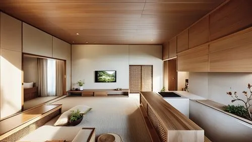 This design shows the living room and kitchenette in the spring Japanese style hot spring hotel suite that combines Japanese style with Puli culture. The main colors are teak wood and milk tea tones, 