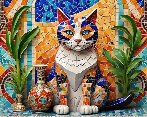 whimsical cat, mosaic art style, colorful tiles, intricate design, shiny fur, vibrant eyes, playful pose, sitting on a decorative vase, surrounded by lush greenery, indoor setting, warm lighting, orna