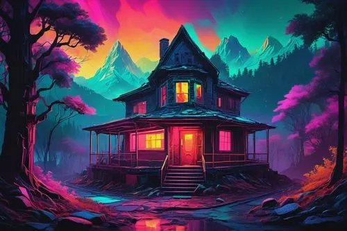 lonely house,witch's house,house in the forest,bungalow,the cabin in the mountains,little house,summer cottage,witch house,cabin,house silhouette,cottage,halloween wallpaper,house in the mountains,house in mountains,neon ghosts,the haunted house,log cabin,treehouse,haunted house,80's design,Illustration,Vector,Vector 20