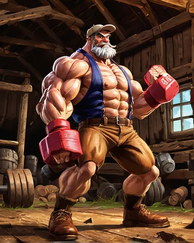 popeye,muscle man,brawny,blacksmith,strongman,popeye village,lumberjack,muscle icon,bodybuilder,muscular build,dumbell,muscular,wood shaper,grog,wood chopping,game illustration,edge muscle,barbarian,body building,woodsman,Conceptual Art,Fantasy,Fantasy 26