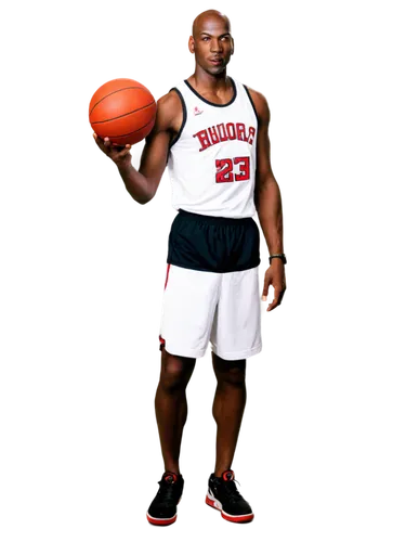 Michael Jordan, basketball player, athletic build, determined facial expression, bald head, earrings, white jersey with red accents, black shorts, Nike shoes, holding basketball, standing, heroic pose