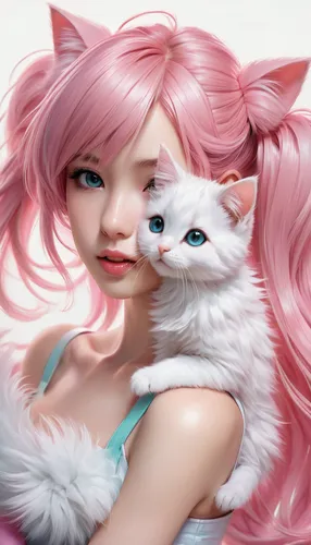 pink cat,doll cat,cat kawaii,anime 3d,color pink white,turkish van,cheshire,kitty,purr,world digital painting,pink-white,cat child,pink white,rose quartz,ragdoll,fantasy portrait,cat lovers,white-pink,anime girl,white cat,Conceptual Art,Fantasy,Fantasy 03