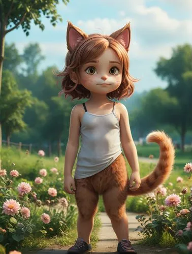 a girl with a cat ears stands in a park next to a man,an image of a girl with a cat in front of flowers,cute cartoon character,agnes,pippi,arrietty,annie,kittani,Photography,Documentary Photography,Do