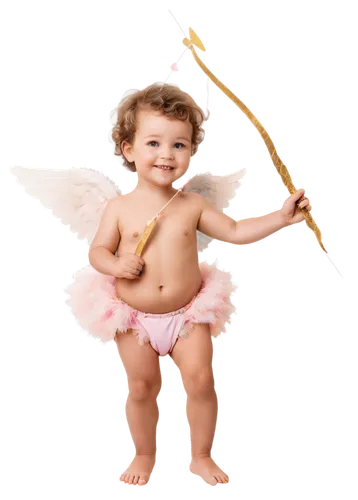 Winged cupid, baby-like face, chubby cheeks, soft pink skin, golden wings, delicate feathers, white diaper, tiny legs, bare feet, holding a heart-shaped arrow, gentle smile, dreamy eyes, pastel colors