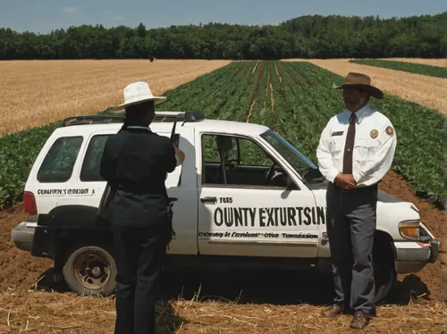 "Two OSU Extension agents stand by a car in the middle of the field. ""County Agriculturist"" is written across the car's front window.",sheriff car,law enforcement,ford crown victoria,harghita county