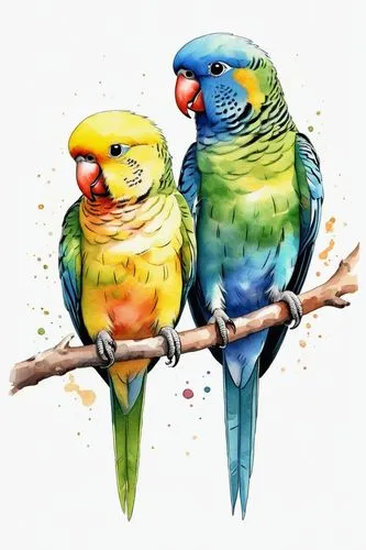 
vintage watercolor drawing poster of two little and very cute parakeets of different colors, very simplified style, no details, White background,parrot couple,golden parakeets,yellow-green parrots,pa