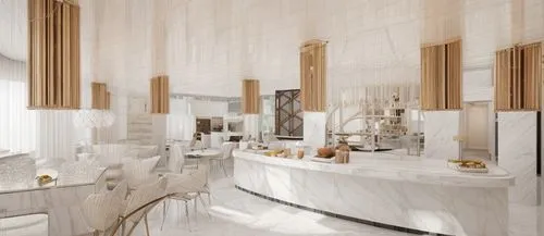 short undulating drapes of white linen fabric hanging friom the ceiling, dappled in a soft warm light. Polished Carrera White Marble Stone counter tops. Bright white light modern crystal chandelier ab