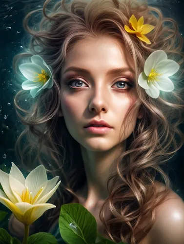 girl in flowers,starflower,faery,beautiful girl with flowers,flower background,faerie,mystical portrait of a girl,flower fairy,elven flower,flower essences,flower painting,fantasy portrait,dryad,world digital painting,natural cosmetics,splendor of flowers,fantasy art,flower illustrative,floral background,flower of water-lily