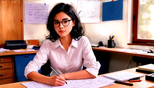 Complex mathematical equations, scribbled notes, scattered papers, messy desk, worried expression, furrowed eyebrows, black hair, glasses perched on nose, white shirt with rolled-up sleeves, dark blue