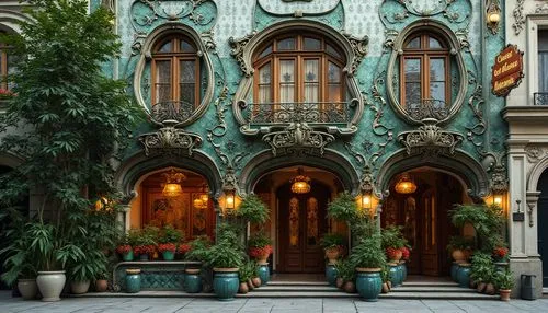 Intricate Art Nouveau facade, ornate ironwork, curved lines, flowing organic forms, sinuous shapes, vibrant green and blue tiles, stained glass windows, decorative finials, grand entrance archways, or