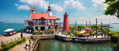 popeye village,seaside resort,floating restaurant,navy pier,balaton,caravel,willemstad,shanghai disney,house of the sea,sultanahmet,tokyo disneysea,murano lighthouse,constanta,sopot,monkey island,harbor,bosphorus,stilt houses,burgas,fishing village