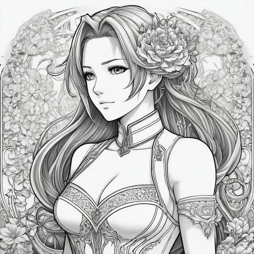 aerith,diaochan,bohua,jasmine blossom,cleome,cana,Illustration,Black and White,Black and White 03